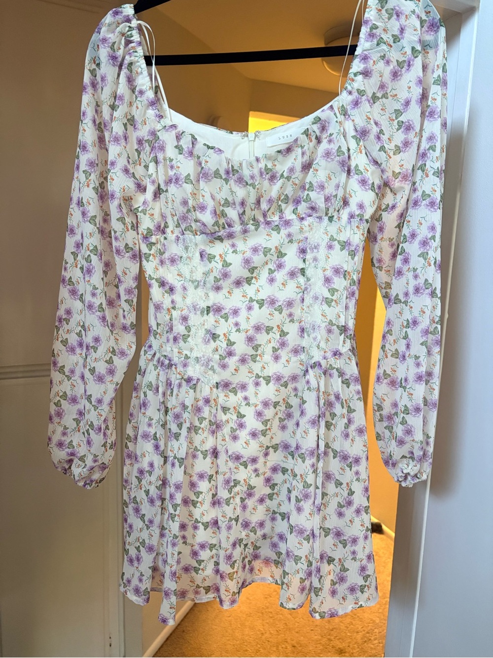 NWT Lush White Dress with Purple Floral Print and lace trim